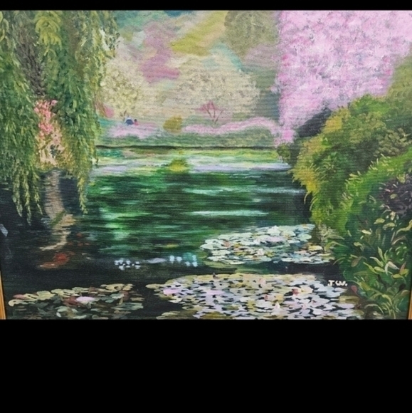 Vintage oil painting‎ of a lily pond - Picture 3 of 11